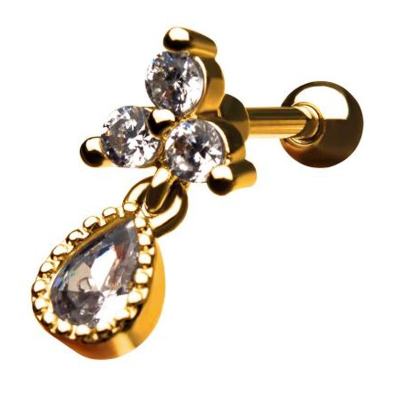 18G Gold PVD Trinity CZ Dangle Cartilage Barbell