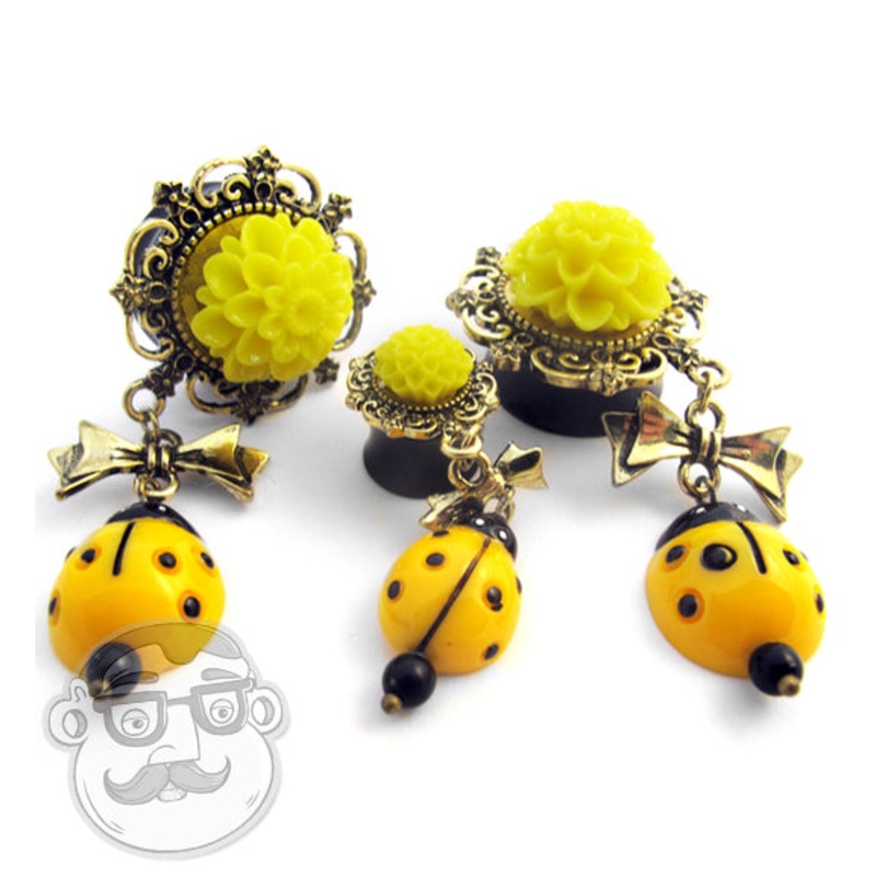 Yellow Dahlia Flower Dangle Plugs 9/16 (pair)