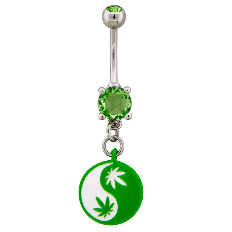 Yin Yang Hemp Leaf Green CZ Stainless Steel Belly Button Ring
