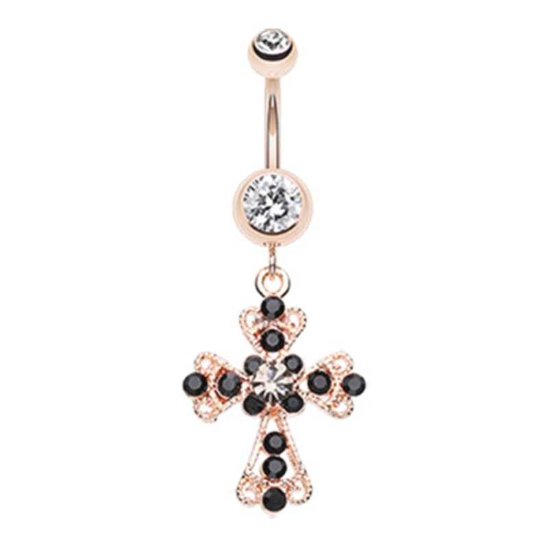 Vintage Cross Patonce Navel Bar in Rose Gold Black
