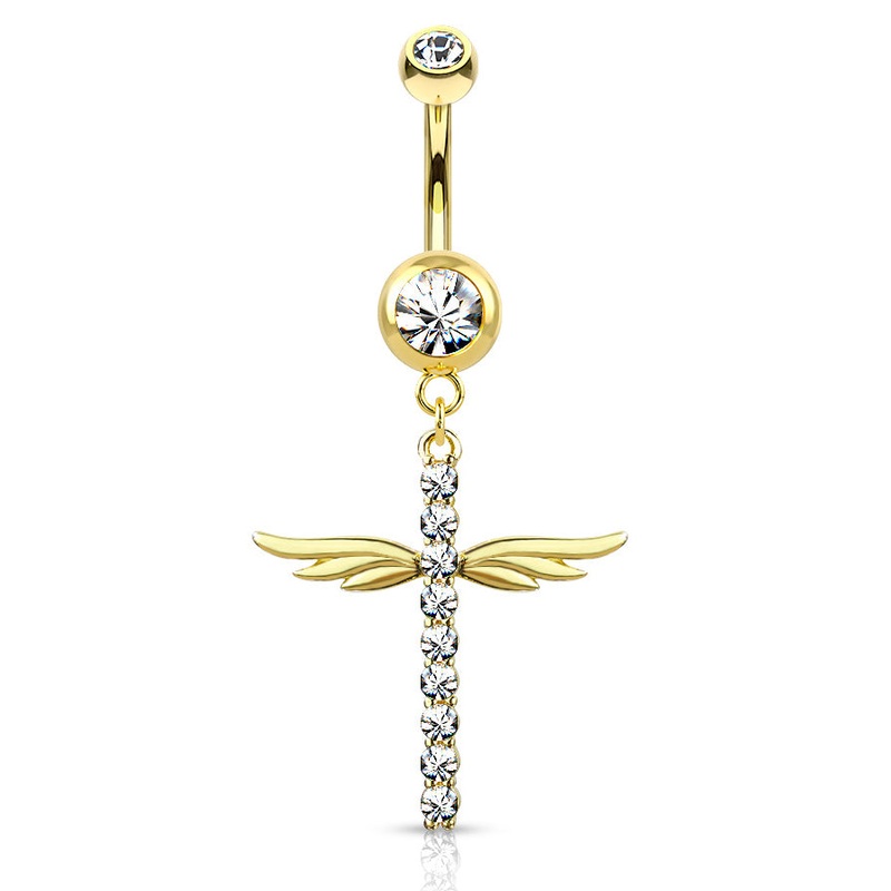 Winging It Cross Belly Dangle with Gold Plating Crystal
