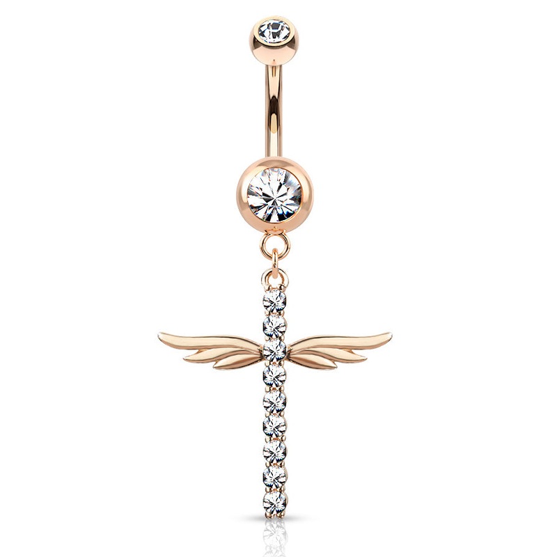 Winging It Cross Belly Dangle with Rose Gold Plating Crystal