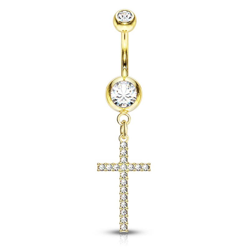 Adriel’s Glittering Cross Belly Ring with Gold Plating Crystal