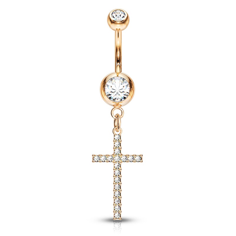 Adriel’s Glittering Cross Belly Ring with Rose Gold Plating Crystal