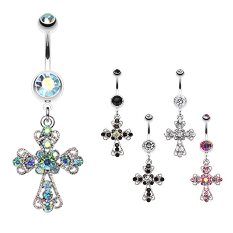 Vintage Cross Patonce Navel Bar Aurora Borealis