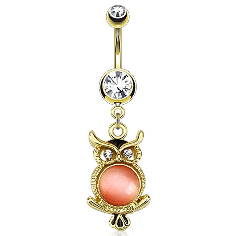 Wise Owl with Cats Eye Dangling Belly Bar Crystal