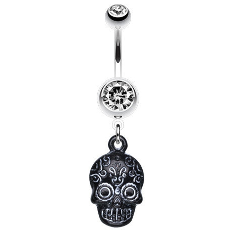 Ancient Mayan Skull Navel Bar Black