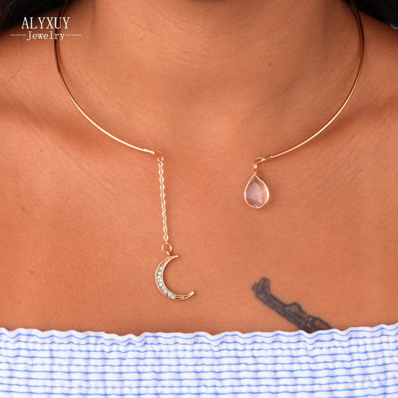 Aquila Gemstone Moon Drop Collar Cuff Choker Necklace in Gold