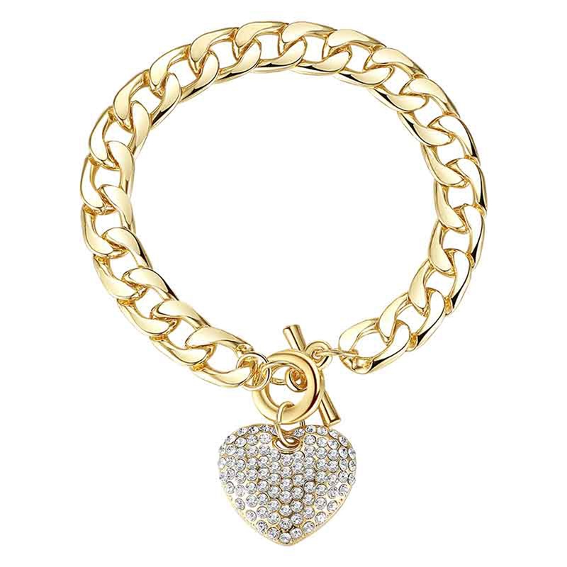 Paris Crystal Heart Chunky Large Chain Toggle Bracelet Gold