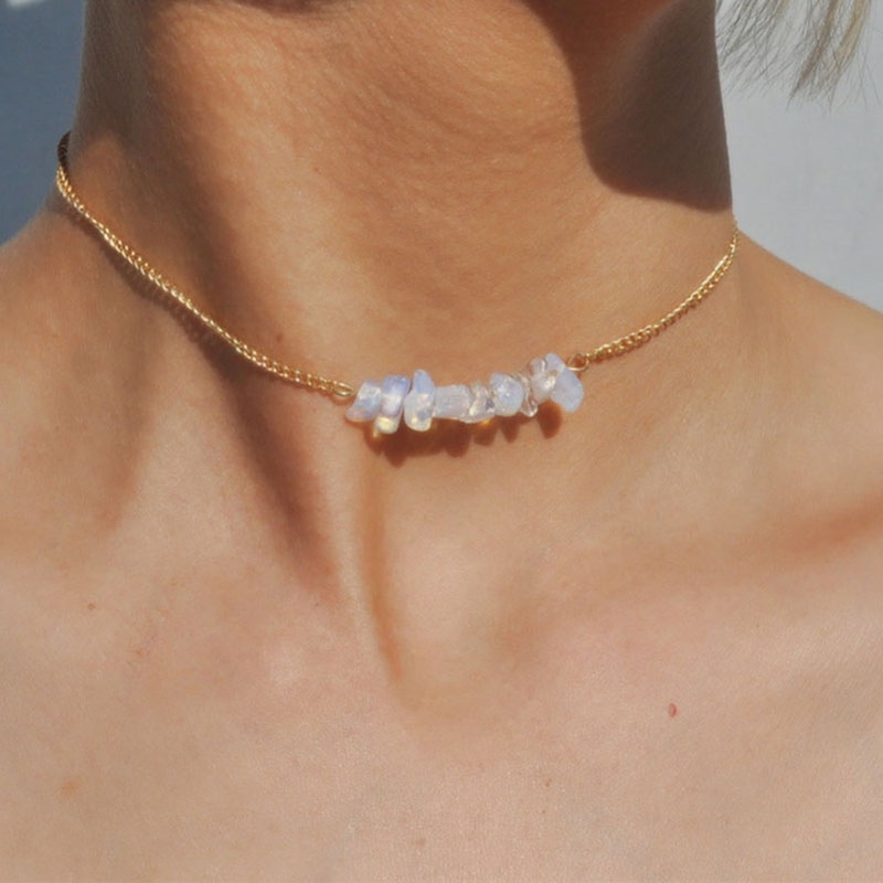 Tia Cute Opal Rock Stone Pendant Choker Necklace in Gold Opal