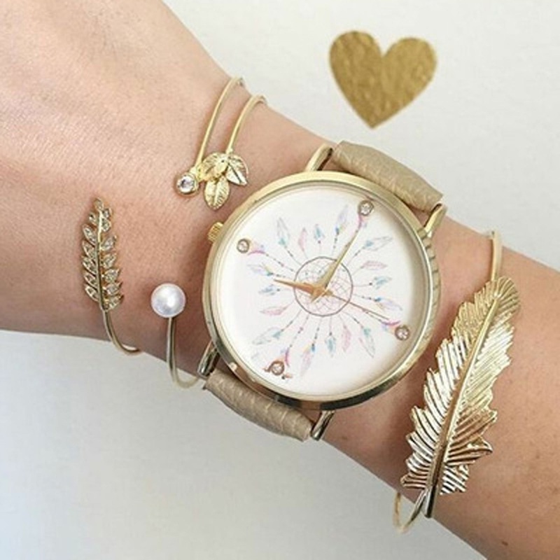 Antonia Cute Modern Leaf Bangle Pearl Bracelet Set in Gold 3 Pieces