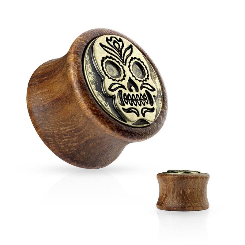 Antique Gold Plated Sugar Skull Double Flare Sono Wood Plugs(0 gauge – 5/8 inch) 0 g