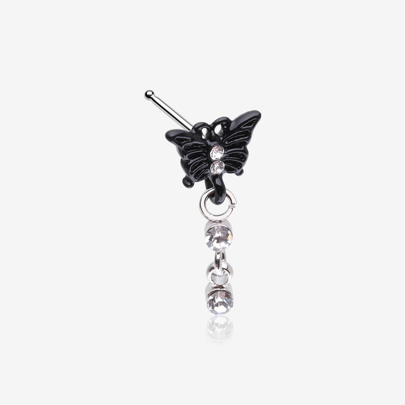 Black Noir Victorian Butterfly Dangle Sparkle Nose Stud Ring Black 20 GA (0.8mm), 9/32″ (7mm)