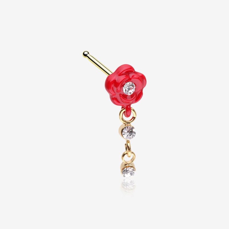 Golden Vintage Rose Blossom Dangle Sparkle Nose Stud Ring Red 20 GA (0.8mm), 9/32″ (7mm)