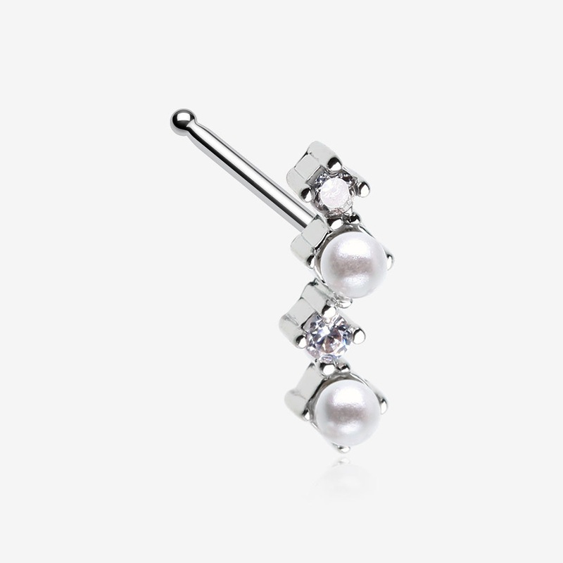 Brilliant Sparkle ZigZag Pearlescent Multi-Gem Nose Stud Ring Clear/White 20 GA (0.8mm), 9/32″ (7mm)
