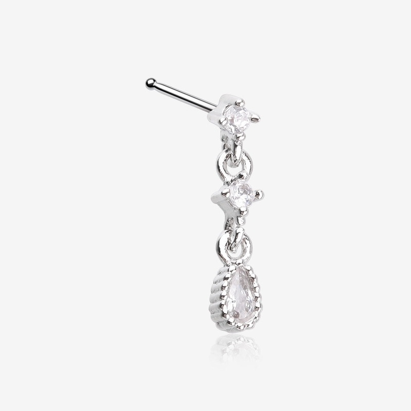 Fairytale Droplets Multi-Gem Teardrop Dangle Nose Stud Ring Clear/White 20 GA (0.8mm), 9/32″ (7mm)