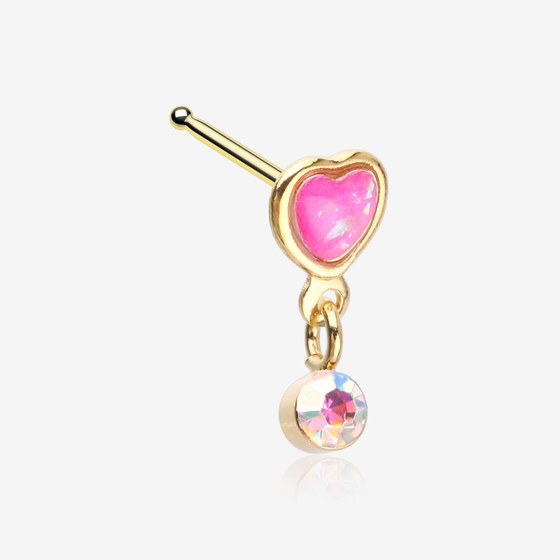 Golden Opalescent Glitter Heart Sparkle Dangle Nose Stud Ring Pink/Fuchsia 20 GA (0.8mm), 9/32″ (7mm)