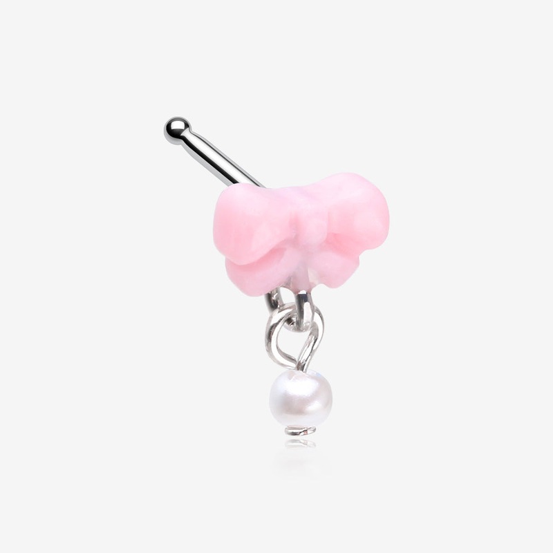 Kawaii Pop Fluffy Bow-Tie Pearlescent Dangle Nose Stud Ring Pink/Fuchsia 20 GA (0.8mm), 9/32″ (7mm)
