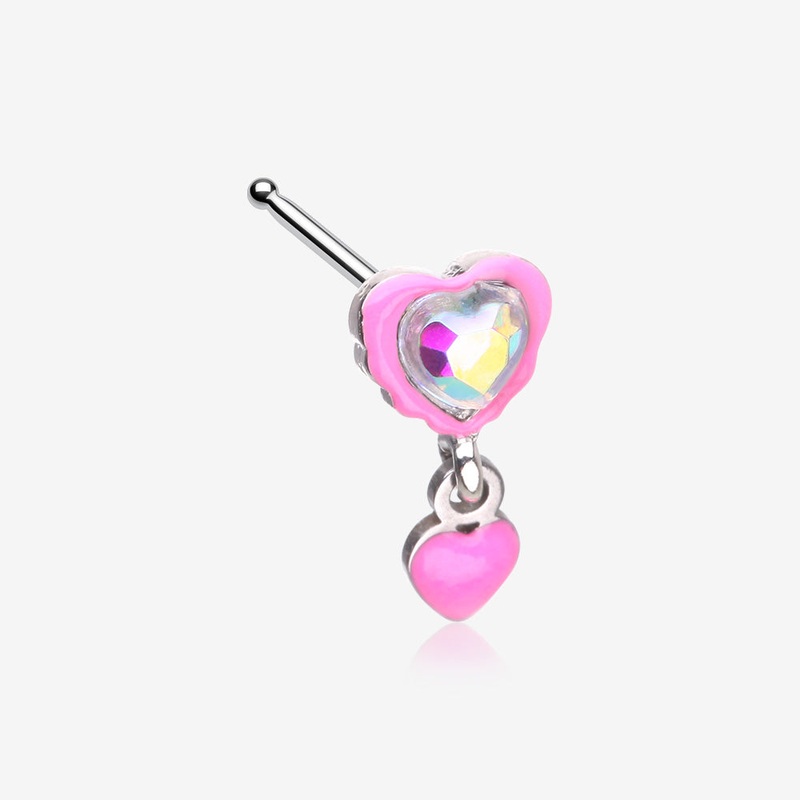 Pink Power Iridescent Puffy Heart Dangle Nose Stud Ring Pink/Fuchsia 20 GA (0.8mm), 9/32″ (7mm)