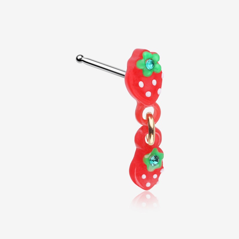 Very Berry Double Strawberry Dangle Nose Stud Ring Red 20 GA (0.8mm), 9/32″ (7mm)