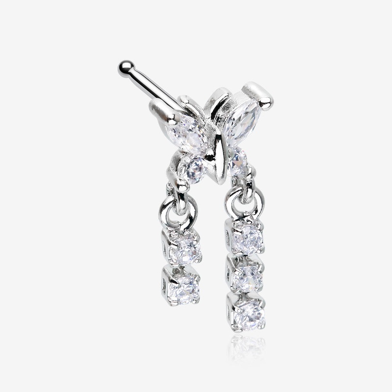 Butterfly Sparkle Dangle Gem Drop Nose Stud Ring Clear/White 20 GA (0.8mm), 9/32″ (7mm)
