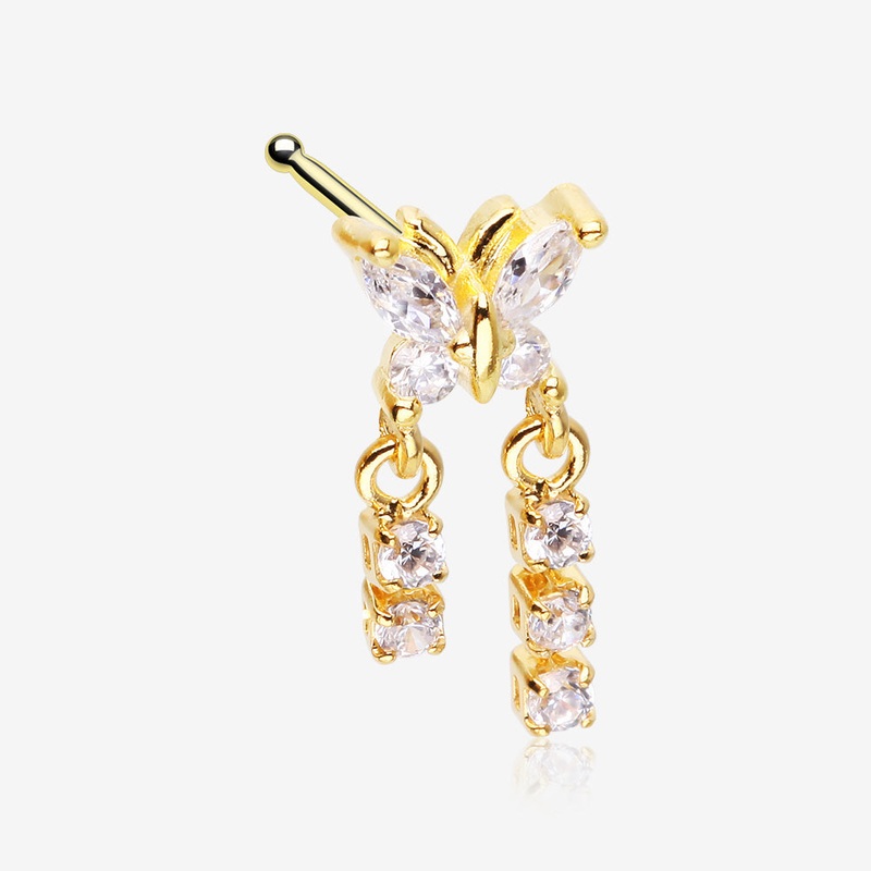 Golden Butterfly Sparkle Dangle Gem Drop Nose Stud Ring Gold 20 GA (0.8mm), 9/32″ (7mm)
