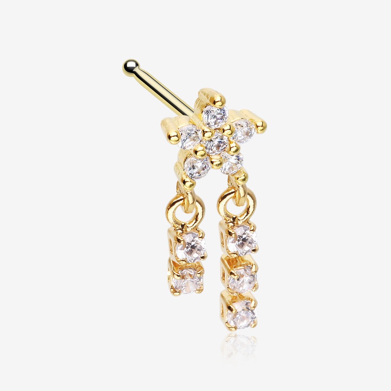 Golden Sparkle Flower Dangle Gem Drop Nose Stud Ring Gold 20 GA (0.8mm), 9/32″ (7mm)