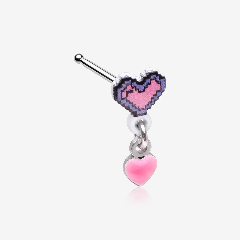 8-Bit Pixel Heart Dangle Gamer Nose Stud Ring Pink/Fuchsia 20 GA (0.8mm), 9/32″ (7mm)