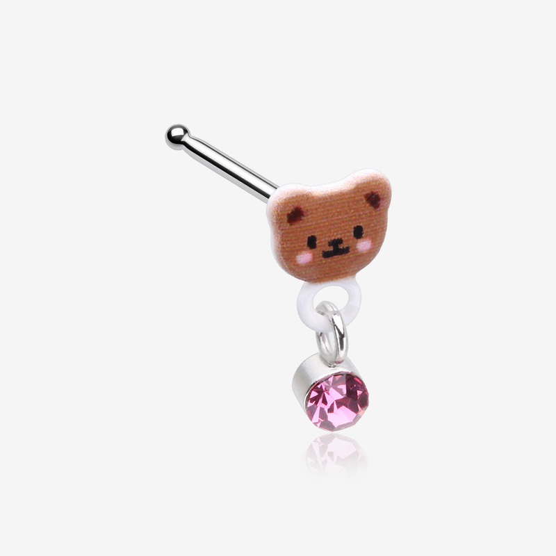 Adorable Teddy Bear Sparkle Dangle Nose Stud Ring Pink/Fuchsia 20 GA (0.8mm), 9/32″ (7mm)