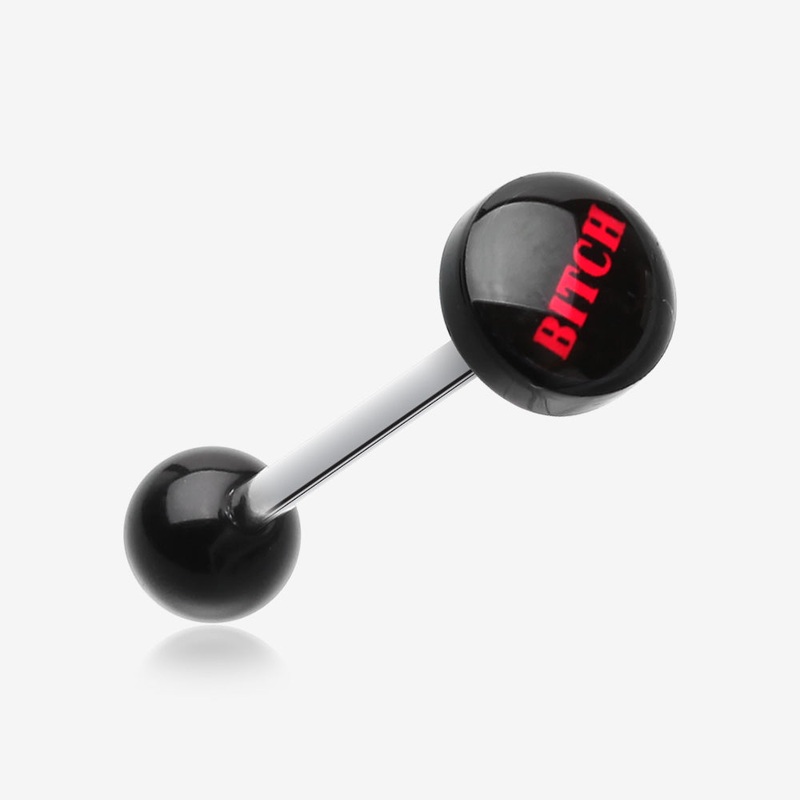 ‘BITCH’ Logo Acrylic Barbell Tongue Ring Black 14 GA (1.6mm), 5/8″ (16mm), Ball: 8mm