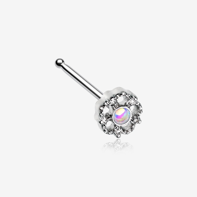 Zen Flower Iridescent Revo Sparkle Nose Stud Ring Clear/White 20 GA (0.8mm), 9/32″ (7mm)