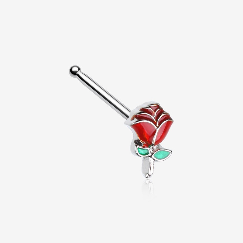Vintage Enchanted Stem of Rose Nose Stud Ring Red 20 GA (0.8mm), 9/32″ (7mm)
