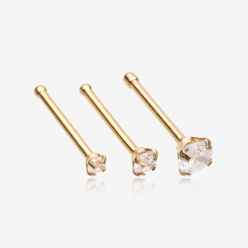 3 Pcs of Assorted Golden Prong Set Sparkle Gem Nose Stud Ring Package Gold 20 GA (0.8mm), 9/32″ (7mm)