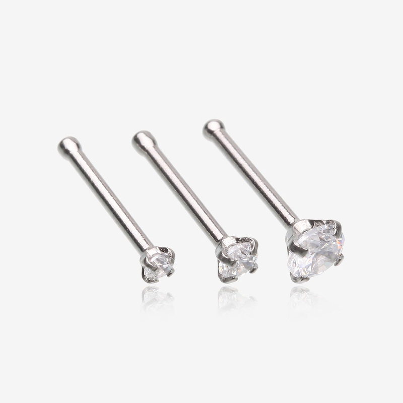 3 Pcs of Assorted Prong Set Sparkle Gem Nose Stud Ring Package Clear/White 20 GA (0.8mm), 9/32″ (7mm)