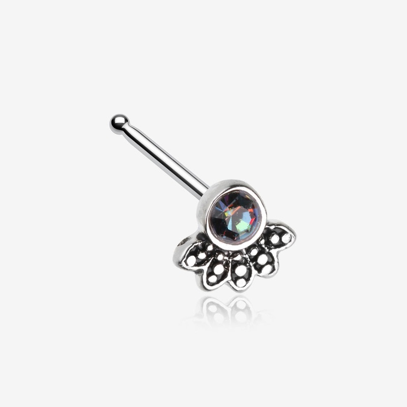 Antique Bali Floral Sparkle Nose Stud Ring Rainbow/Multi-Color 20 GA (0.8mm), 9/32″ (7mm)