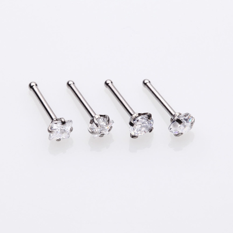 4 Pcs of Assorted Gemstone Prong Set Top Steel Nose Stud Ring Package Clear/White 20 GA (0.8mm), 1/4″ (6mm)
