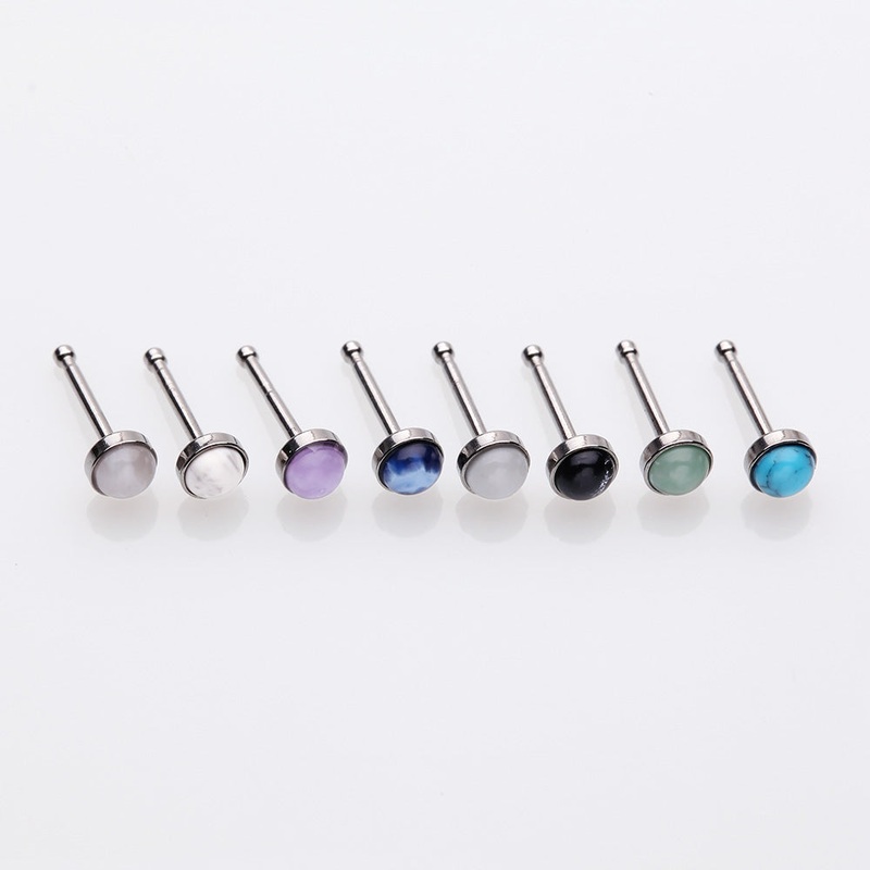 8 Pcs of Assorted Natural Stone Set Top Steel Nose Stud Ring Package Assorted 20 GA (0.8mm), 1/4″ (6mm), Top: 3mm