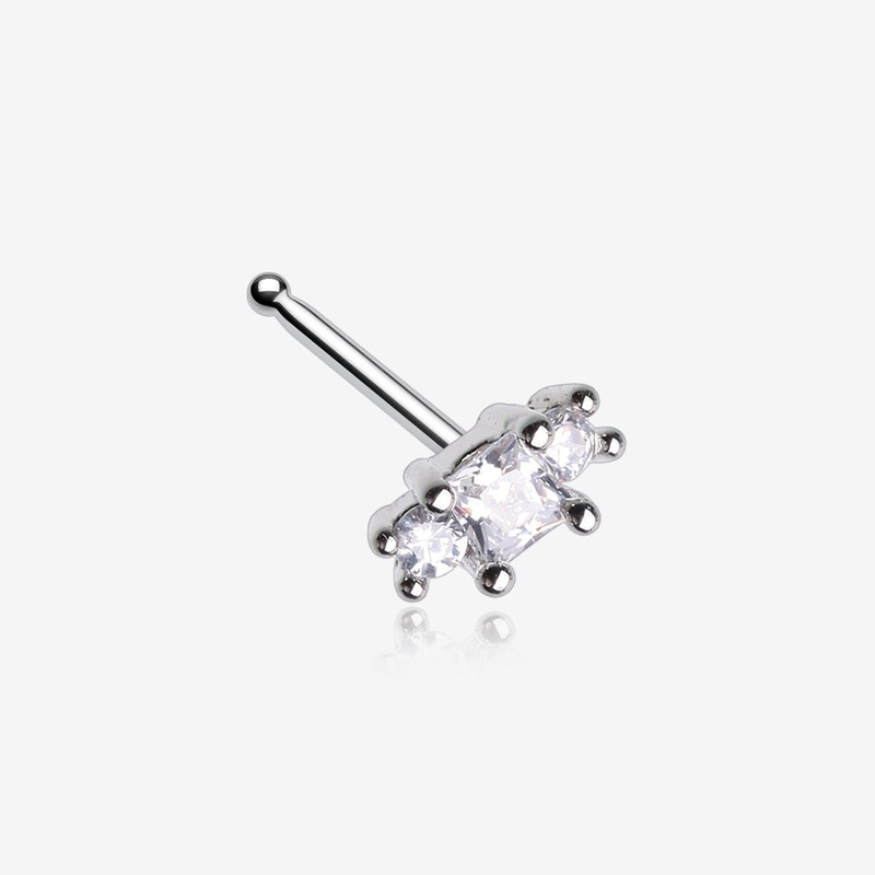 Triple Tiered Sparkle Multi-Gem Nose Stud Ring Clear/White 20 GA (0.8mm), 9/32″ (7mm)