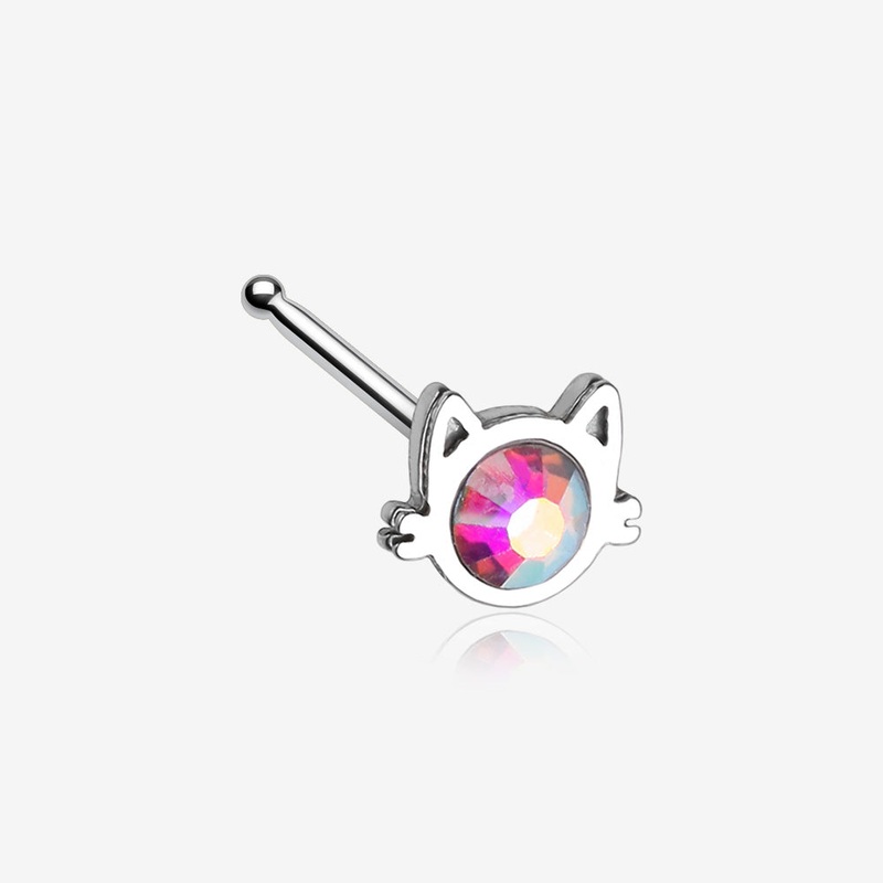 Adorable Cat Face Iridescent Sparkle Nose Stud Ring Rainbow/Multi-Color 20 GA (0.8mm), 9/32″ (7mm)