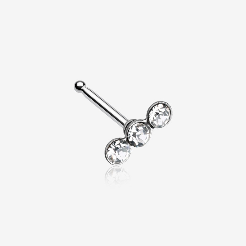 Triple Linear Gem Nose Stud Ring Clear/White 20 GA (0.8mm), 9/32″ (7mm)