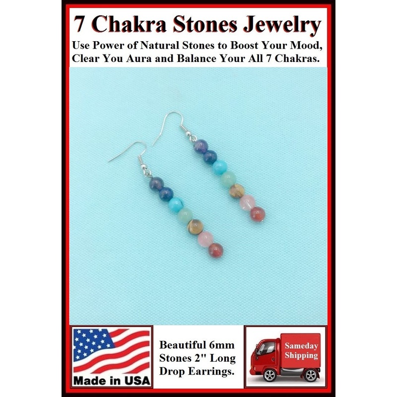 7 Chakra 6mm Stones 2″ Drop Earrings to Boost Mood