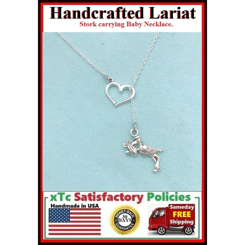 Stork with Baby Handcrafted Necklace Lariat Style.