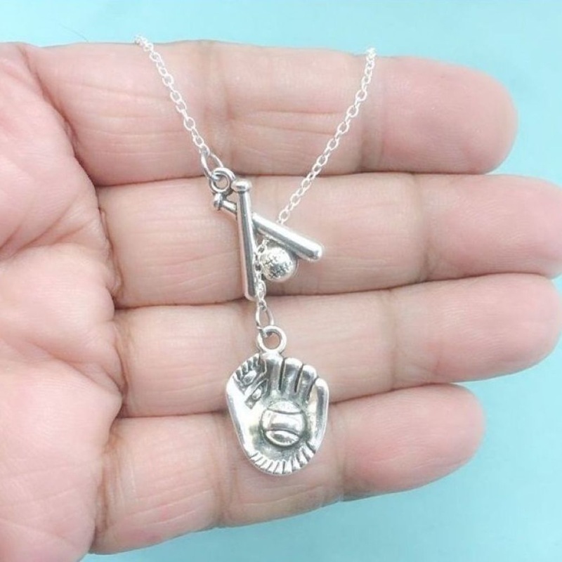 STUNNING BASEBALL Necklace LARIAT Style. Baseball Bats and Baseball Mitt Charms.