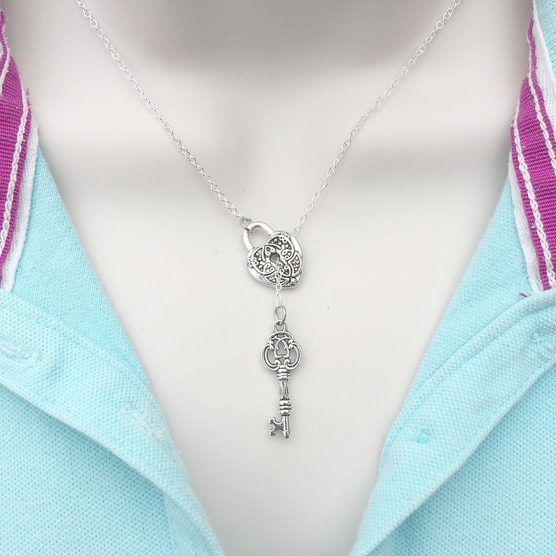 Antique LOCK with KEY Necklace Lariat Style.