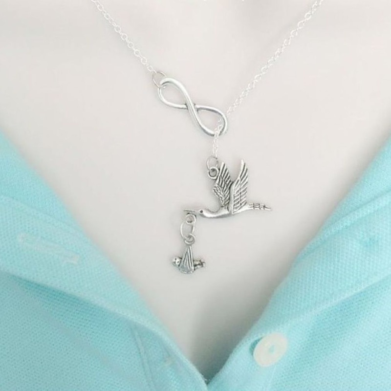 Stork w Baby Handcrafted Necklace Lariat Style. Pregnancy Gift.