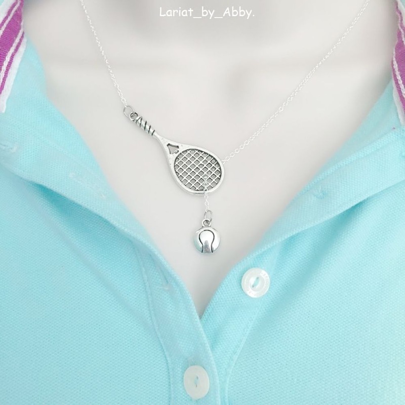 Tennis Racket and Tennis Ball Lariat Style Y Necklace.