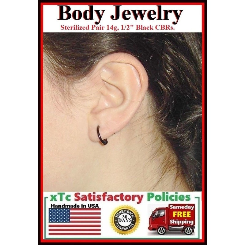(2 Pcs Lot) Sterilized BLACK 14g 12mm, 5mm balls Ear Lobe Piercing Rings.