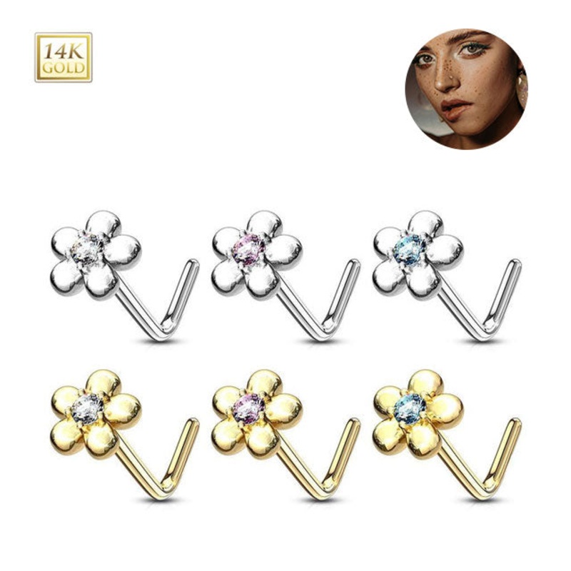 14K Solid Gold 20G CZ Five Petal Flower L Shaped Nose Studs Rings 6mm White Gold Clear