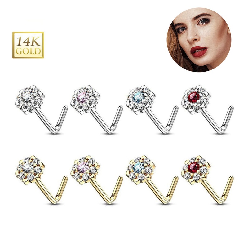14K Solid Gold 20G CZ Flower CZ L Shaped Nose Studs Rings 6mm White Gold Clear