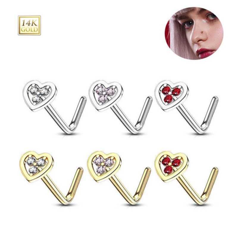 14K Solid Gold 20G CZ Hollow Heart L Shaped Nose Studs Rings 6mm White Gold Clear